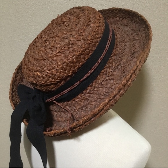 Helen Kaminski Raffia M Sun Hat Chestnut Brown Black Bow Boater Australia EUC